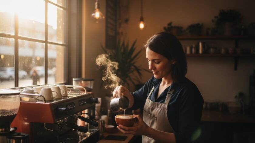 A dynamic, wide-angle 'epic moment' shot capturing a local Box Hill North business owner proudly showcasing their artisanal products, illuminated by warm, dramatic natural light filtering through a large window, embodying the spirit of Box Hill North Commercial Photography for Local Business Growth.