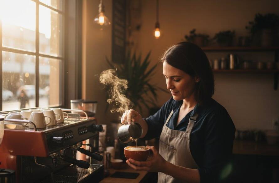 A dynamic, wide-angle 'epic moment' shot capturing a local Box Hill North business owner proudly showcasing their artisanal products, illuminated by warm, dramatic natural light filtering through a large window, embodying the spirit of Box Hill North Commercial Photography for Local Business Growth.
