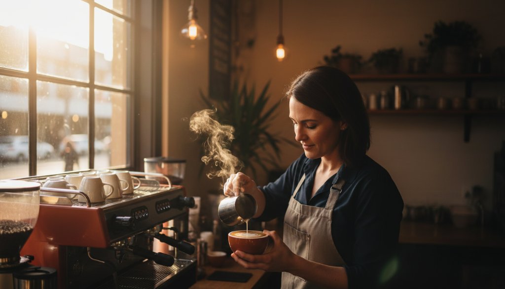 A dynamic, wide-angle 'epic moment' shot capturing a local Box Hill North business owner proudly showcasing their artisanal products, illuminated by warm, dramatic natural light filtering through a large window, embodying the spirit of Box Hill North Commercial Photography for Local Business Growth.