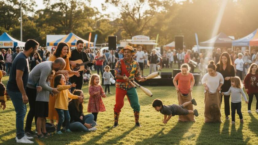 An epic moment of joyful interaction at a vibrant outdoor community festival in Box Hill North, featuring families laughing and engaging with performers, professionally captured as Box Hill North community event photography with dramatic, warm evening light and rich colours.