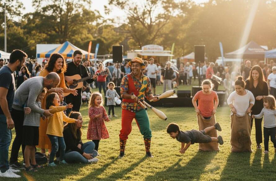 An epic moment of joyful interaction at a vibrant outdoor community festival in Box Hill North, featuring families laughing and engaging with performers, professionally captured as Box Hill North community event photography with dramatic, warm evening light and rich colours.