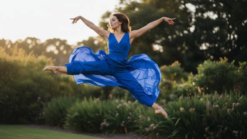 A Box Hill North dance photography specialists' epic shot of a dancer mid-air, bathed in dramatic theatrical lighting, capturing powerful grace and vibrant movement against a blurred urban Box Hill North backdrop, showcasing professional colour grading.
