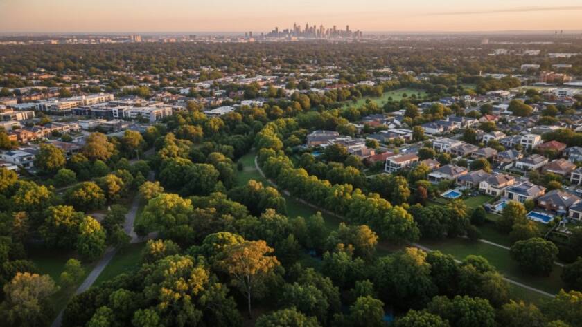 Epic aerial photograph showcasing Box Hill North drone photography for breathtaking views, featuring the lush green parklands of Box Hill Gardens at sunset, with golden light illuminating modern residential buildings and distant city skyline.