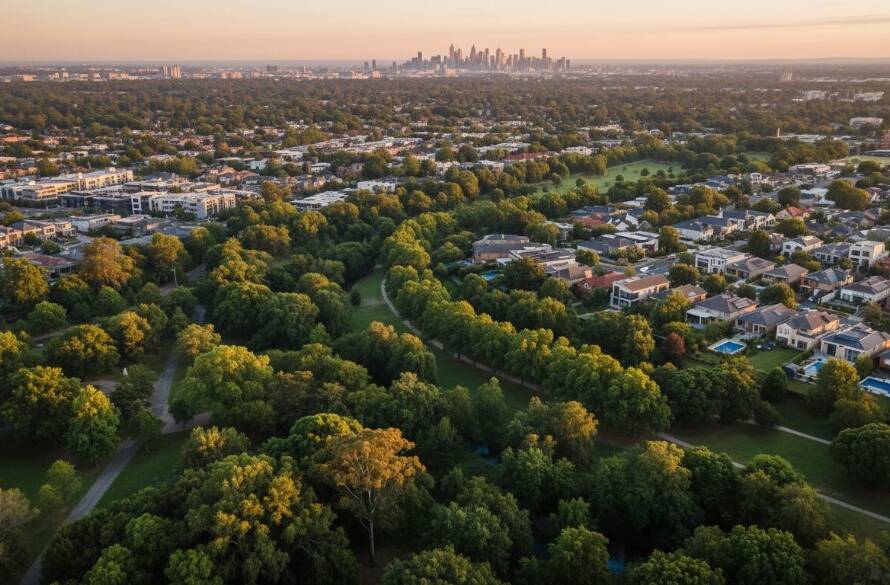 Epic aerial photograph showcasing Box Hill North drone photography for breathtaking views, featuring the lush green parklands of Box Hill Gardens at sunset, with golden light illuminating modern residential buildings and distant city skyline.