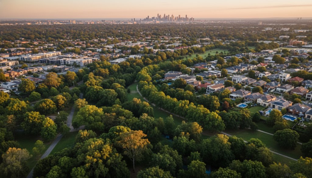 Epic aerial photograph showcasing Box Hill North drone photography for breathtaking views, featuring the lush green parklands of Box Hill Gardens at sunset, with golden light illuminating modern residential buildings and distant city skyline.