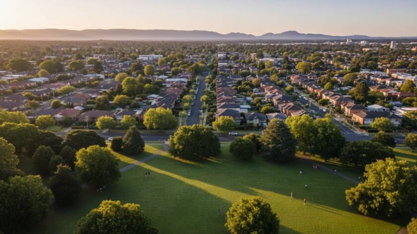An epic aerial photograph showcasing a vibrant Box Hill North residential street lined with mature trees, basking in the soft, golden light of sunrise, captured expertly through professional drone photography, revealing the suburb's peaceful charm and meticulously kept gardens.