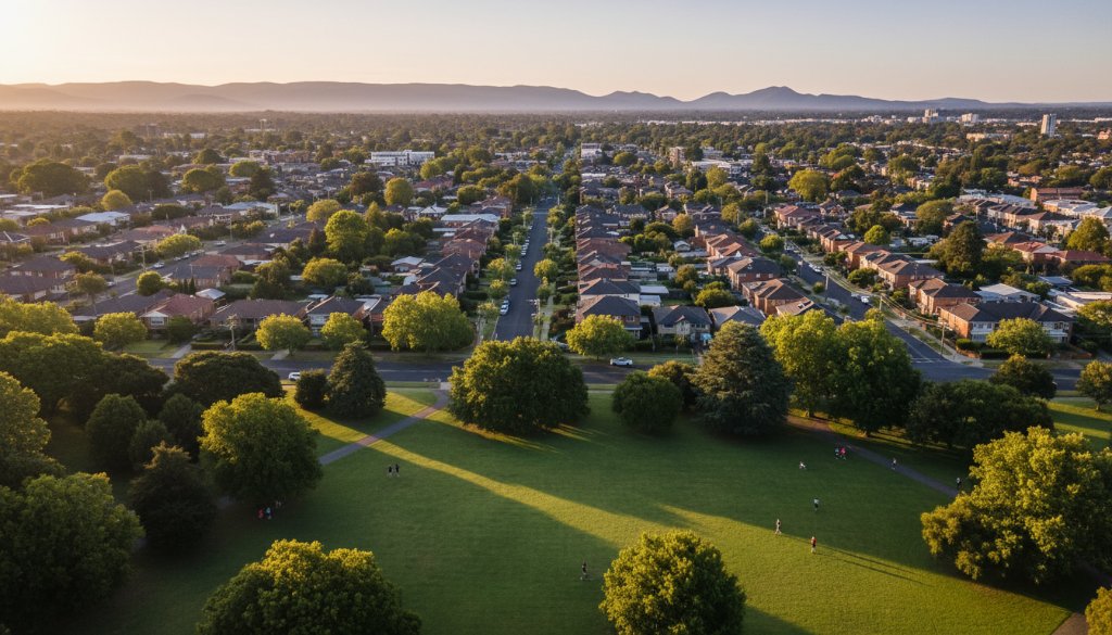 An epic aerial photograph showcasing a vibrant Box Hill North residential street lined with mature trees, basking in the soft, golden light of sunrise, captured expertly through professional drone photography, revealing the suburb's peaceful charm and meticulously kept gardens.