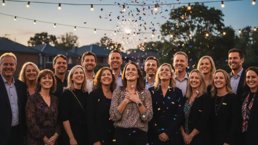 A candid, emotionally charged photograph of guests laughing joyously at a vibrant community festival in Box Hill North, Victoria, expertly captured by an event photographer, creating an unforgettable moment with warm, dramatic lighting, showcasing the true spirit of the event.