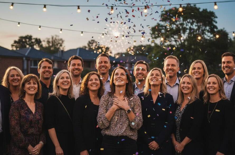 A candid, emotionally charged photograph of guests laughing joyously at a vibrant community festival in Box Hill North, Victoria, expertly captured by an event photographer, creating an unforgettable moment with warm, dramatic lighting, showcasing the true spirit of the event.