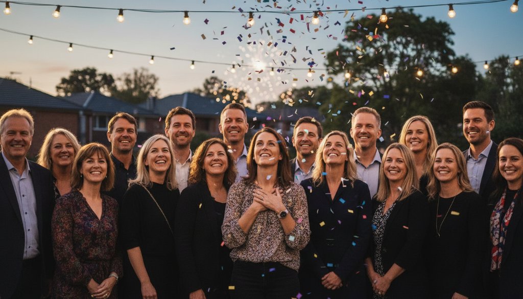 A candid, emotionally charged photograph of guests laughing joyously at a vibrant community festival in Box Hill North, Victoria, expertly captured by an event photographer, creating an unforgettable moment with warm, dramatic lighting, showcasing the true spirit of the event.