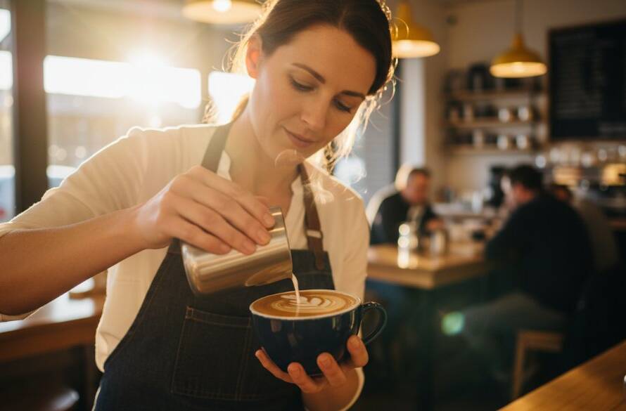 Dynamic wide shot of a chef meticulously plating a vibrant dish in a sunlit Box Hill North cafe kitchen, capturing the essence of Box Hill North food photography for vibrant local cafes, with steam rising dramatically.