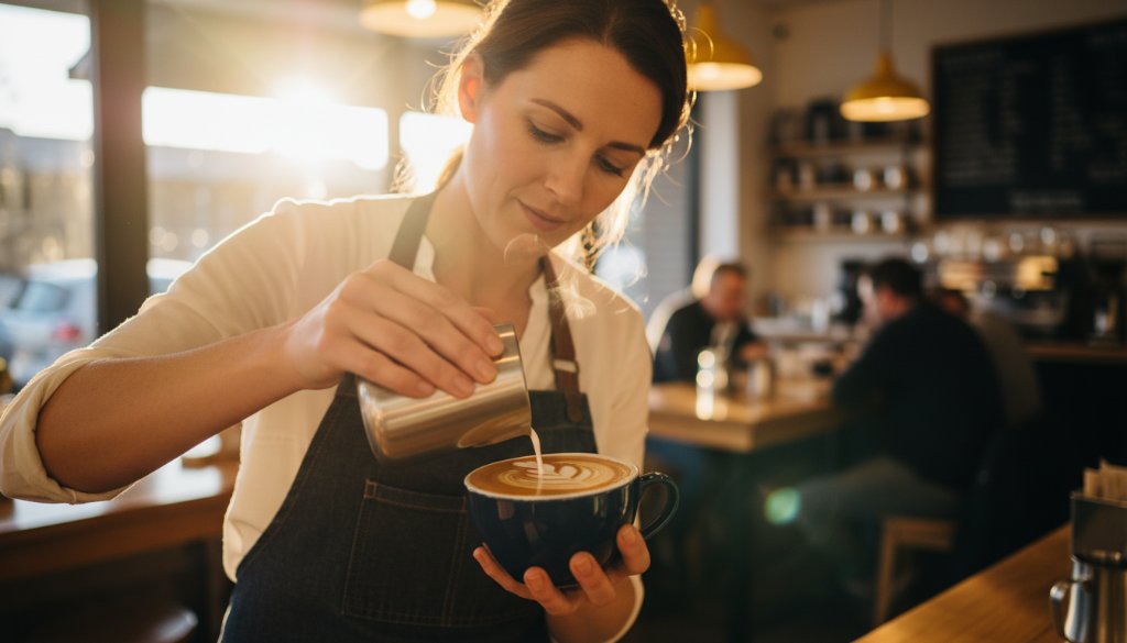 Dynamic wide shot of a chef meticulously plating a vibrant dish in a sunlit Box Hill North cafe kitchen, capturing the essence of Box Hill North food photography for vibrant local cafes, with steam rising dramatically.