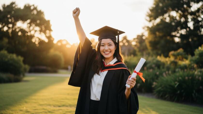A joyous graduate in academic regalia, cap thrown high in the air against the vibrant, green backdrop of a park in Box Hill North, Melbourne, celebrating their Box Hill North graduation photography experience. Golden hour lighting creates a dramatic, cinematic effect.
