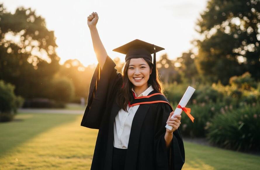 A joyous graduate in academic regalia, cap thrown high in the air against the vibrant, green backdrop of a park in Box Hill North, Melbourne, celebrating their Box Hill North graduation photography experience. Golden hour lighting creates a dramatic, cinematic effect.