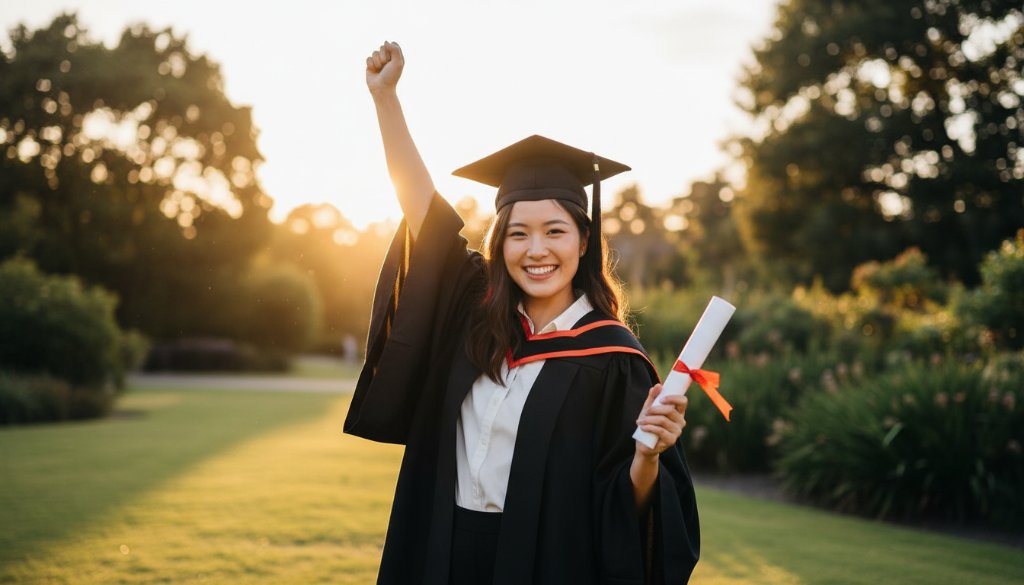 A joyous graduate in academic regalia, cap thrown high in the air against the vibrant, green backdrop of a park in Box Hill North, Melbourne, celebrating their Box Hill North graduation photography experience. Golden hour lighting creates a dramatic, cinematic effect.