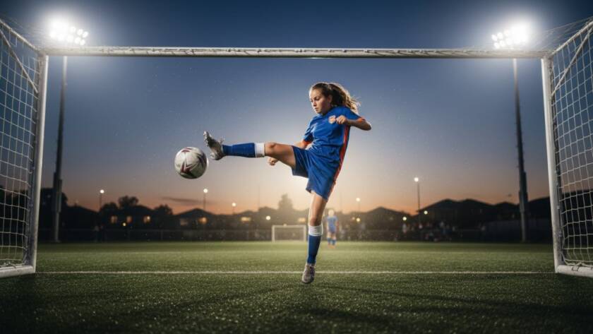 A victorious young soccer player from Box Hill North celebrating a goal, captured dynamically during a Box Hill North junior sports photography session, with dramatic stadium lighting highlighting their joyful expression.