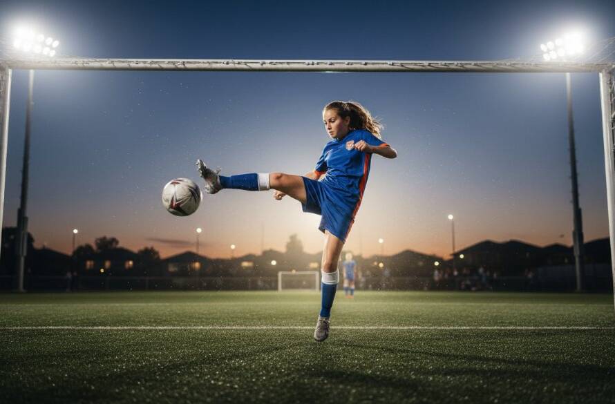 A victorious young soccer player from Box Hill North celebrating a goal, captured dynamically during a Box Hill North junior sports photography session, with dramatic stadium lighting highlighting their joyful expression.