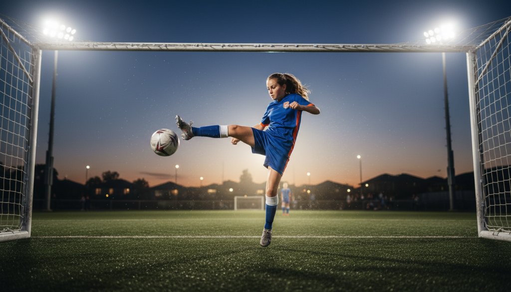 A victorious young soccer player from Box Hill North celebrating a goal, captured dynamically during a Box Hill North junior sports photography session, with dramatic stadium lighting highlighting their joyful expression.