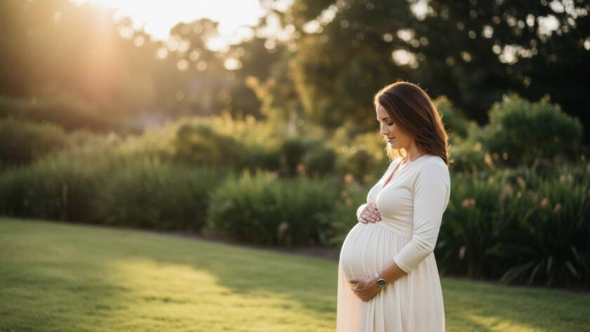 A glowing expectant mother in Box Hill North Maternity Photography Golden Hour, standing gracefully amidst a sun-drenched park, her silhouette framed by the setting sun, capturing an epic moment of serene beauty and anticipation.