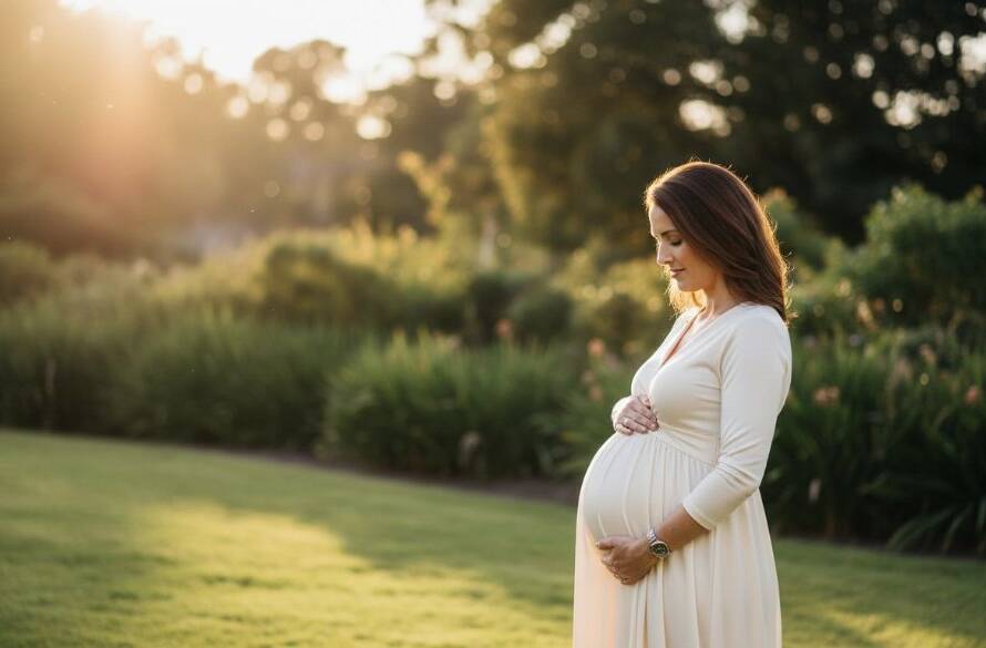 A glowing expectant mother in Box Hill North Maternity Photography Golden Hour, standing gracefully amidst a sun-drenched park, her silhouette framed by the setting sun, capturing an epic moment of serene beauty and anticipation.
