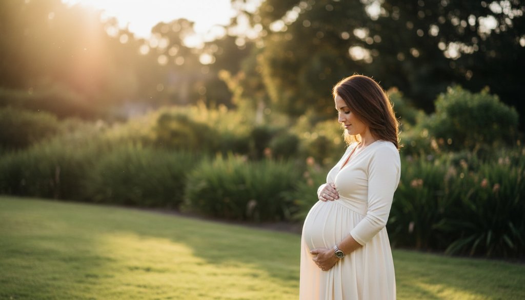 A glowing expectant mother in Box Hill North Maternity Photography Golden Hour, standing gracefully amidst a sun-drenched park, her silhouette framed by the setting sun, capturing an epic moment of serene beauty and anticipation.