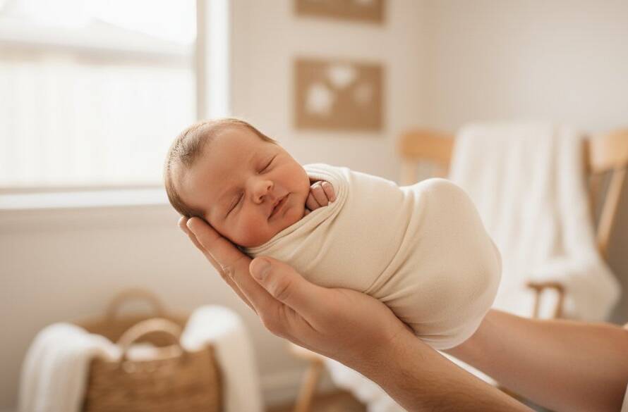 An emotionally resonant, soft-focus photograph capturing Box Hill North newborn photography tender moments, showing a sleeping baby peacefully cradled in their parents' hands, with gentle, warm window light illuminating their tiny features, showcasing a strong family bond in a serene home setting.