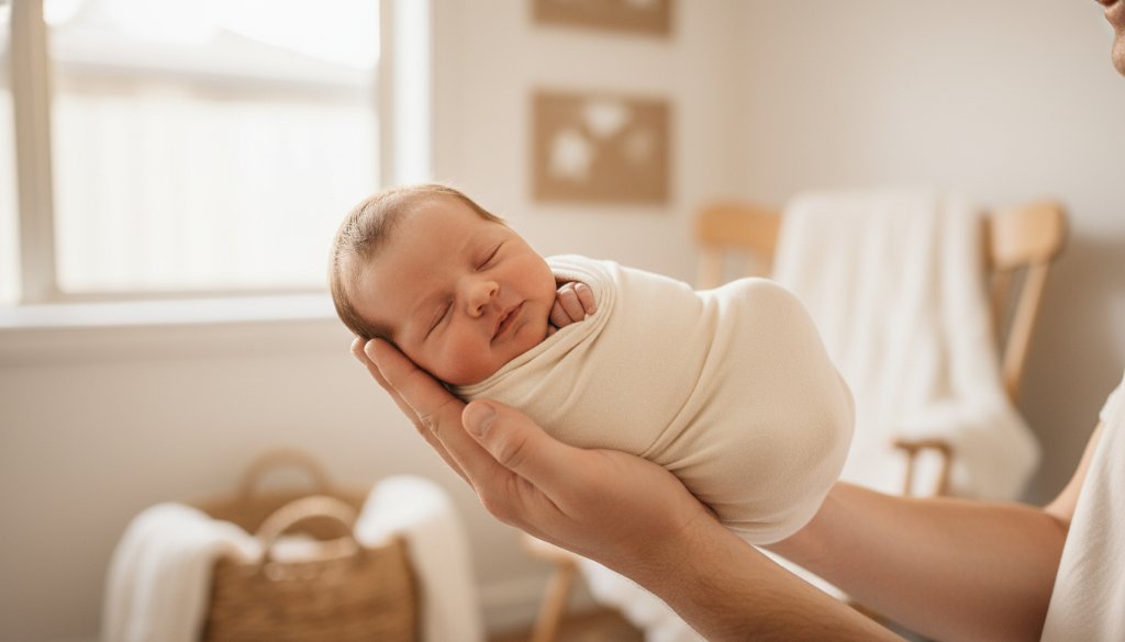 An emotionally resonant, soft-focus photograph capturing Box Hill North newborn photography tender moments, showing a sleeping baby peacefully cradled in their parents' hands, with gentle, warm window light illuminating their tiny features, showcasing a strong family bond in a serene home setting.