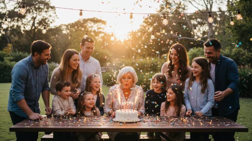 Dramatic, cinematic shot of a group of friends laughing and high-fiving under festive lights at an outdoor party in Box Hill North, capturing a truly joyous celebration moment, professional party photography, colour graded.