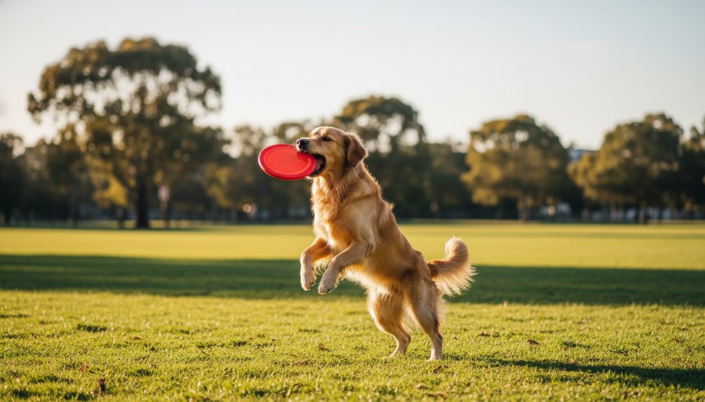 Epic moment captured during Box Hill North pet photography featuring a golden retriever mid-leap, fetching a frisbee in a sun-drenched Box Hill North park, dramatic golden hour lighting, dynamic composition.