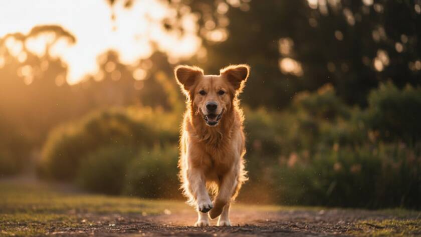 A golden retriever joyfully leaping through golden afternoon light in a Box Hill North reserve, capturing a Box Hill North Pet Photography Joyful Outdoor Portraits epic moment.
