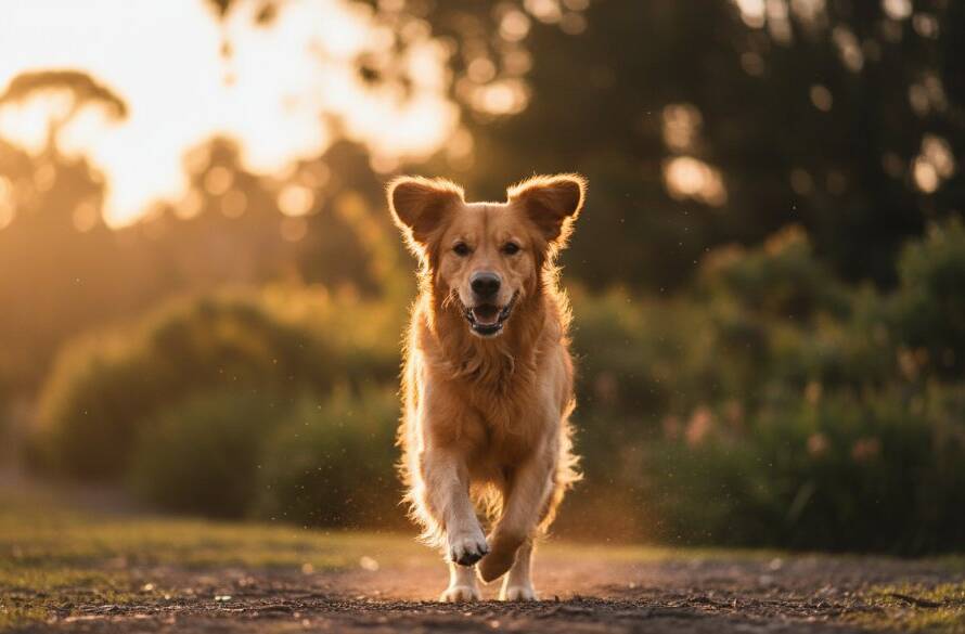 A golden retriever joyfully leaping through golden afternoon light in a Box Hill North reserve, capturing a Box Hill North Pet Photography Joyful Outdoor Portraits epic moment.