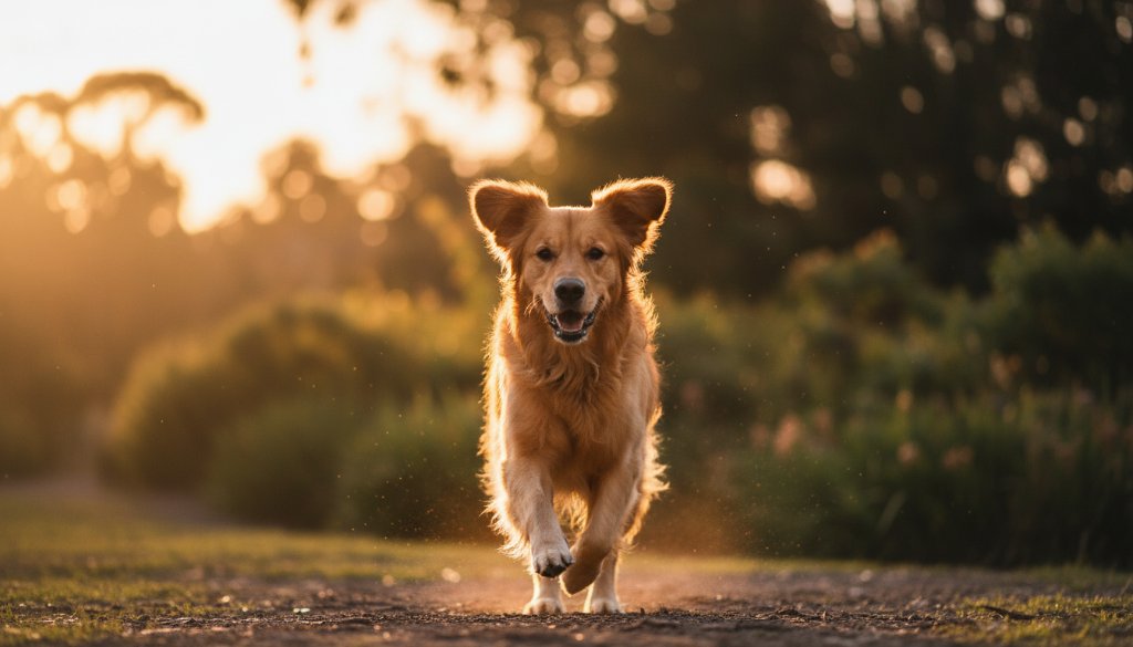 A golden retriever joyfully leaping through golden afternoon light in a Box Hill North reserve, capturing a Box Hill North Pet Photography Joyful Outdoor Portraits epic moment.