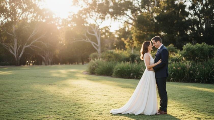 Epic moment of a couple embracing amidst golden hour light in a natural park setting, showcasing Box Hill North pre-wedding photography charming locations with a professional, cinematic feel.