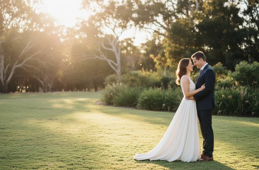 Epic moment of a couple embracing amidst golden hour light in a natural park setting, showcasing Box Hill North pre-wedding photography charming locations with a professional, cinematic feel.