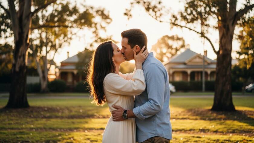 An ecstatic couple embraces during their serene Box Hill North pre-wedding photography session at golden hour, capturing an epic moment in a lush garden with cinematic lighting.