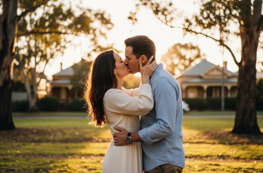 An ecstatic couple embraces during their serene Box Hill North pre-wedding photography session at golden hour, capturing an epic moment in a lush garden with cinematic lighting.
