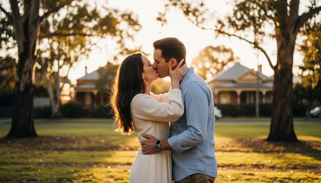An ecstatic couple embraces during their serene Box Hill North pre-wedding photography session at golden hour, capturing an epic moment in a lush garden with cinematic lighting.