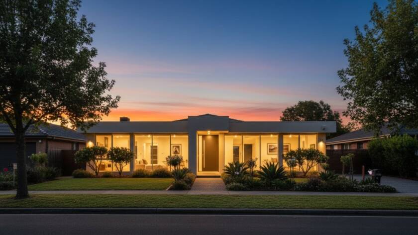 An aerial wide shot capturing a modern, architecturally designed home in Box Hill North at sunset, with warm interior lights glowing, perfectly showcasing Box Hill North premium real estate photography, creating a dramatic, inviting atmosphere.