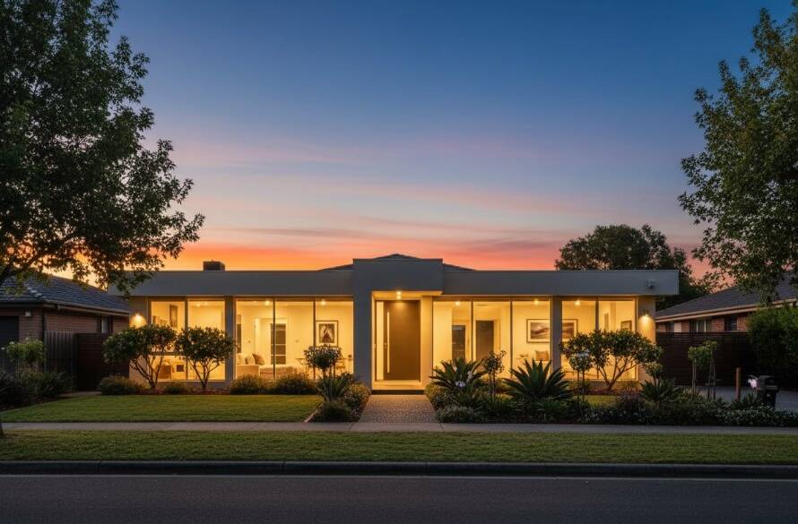 An aerial wide shot capturing a modern, architecturally designed home in Box Hill North at sunset, with warm interior lights glowing, perfectly showcasing Box Hill North premium real estate photography, creating a dramatic, inviting atmosphere.