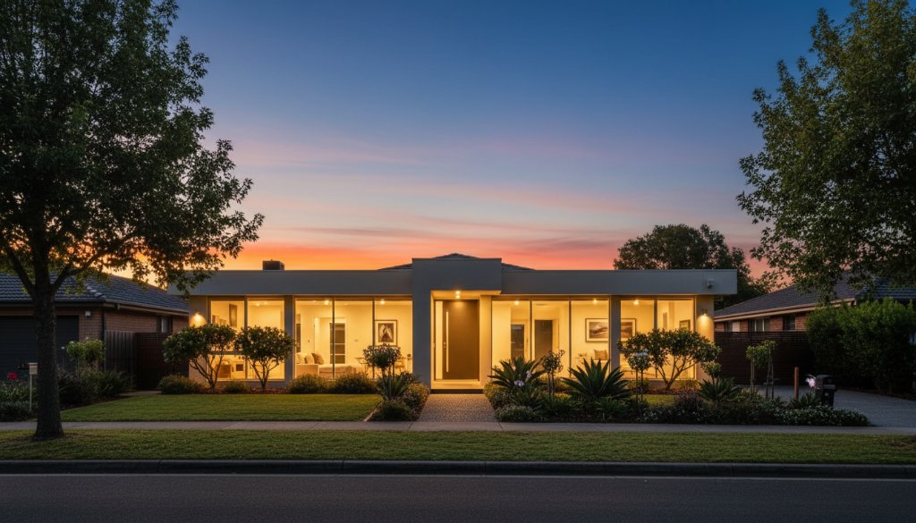 An aerial wide shot capturing a modern, architecturally designed home in Box Hill North at sunset, with warm interior lights glowing, perfectly showcasing Box Hill North premium real estate photography, creating a dramatic, inviting atmosphere.