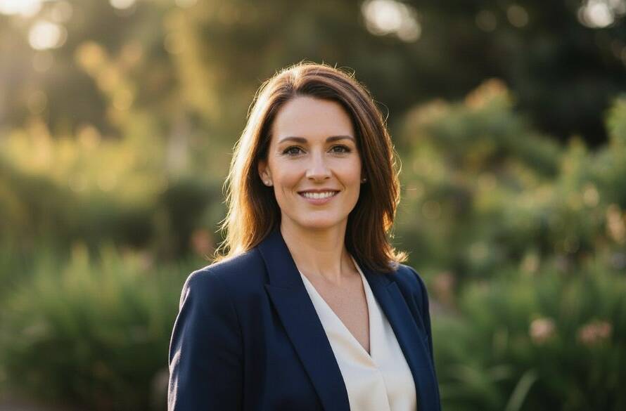 A dramatic, cinematic professional headshot of a confident individual, set against a softly blurred, modern Box Hill North urban backdrop, bathed in golden hour light, portraying success and approachability. This epic moment shot captures the essence of Box Hill North Professional Headshots: Elevate Your Career.