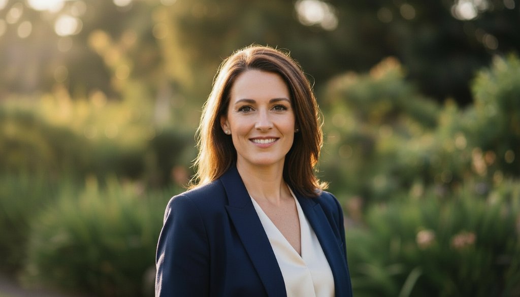 A dramatic, cinematic professional headshot of a confident individual, set against a softly blurred, modern Box Hill North urban backdrop, bathed in golden hour light, portraying success and approachability. This epic moment shot captures the essence of Box Hill North Professional Headshots: Elevate Your Career.