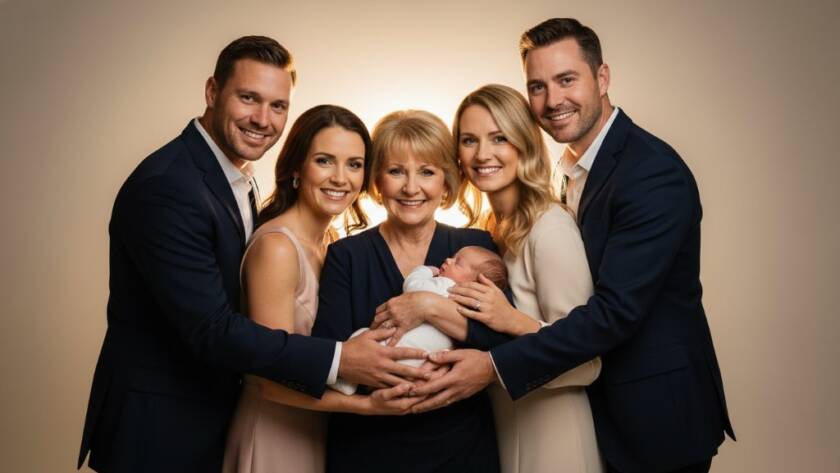 An emotionally resonant, cinematic photograph capturing a multi-generational family in Box Hill North professional studio portraits for families, embracing with soft, dramatic backlighting illuminating their joyful expressions and connection, creating a timeless memory.