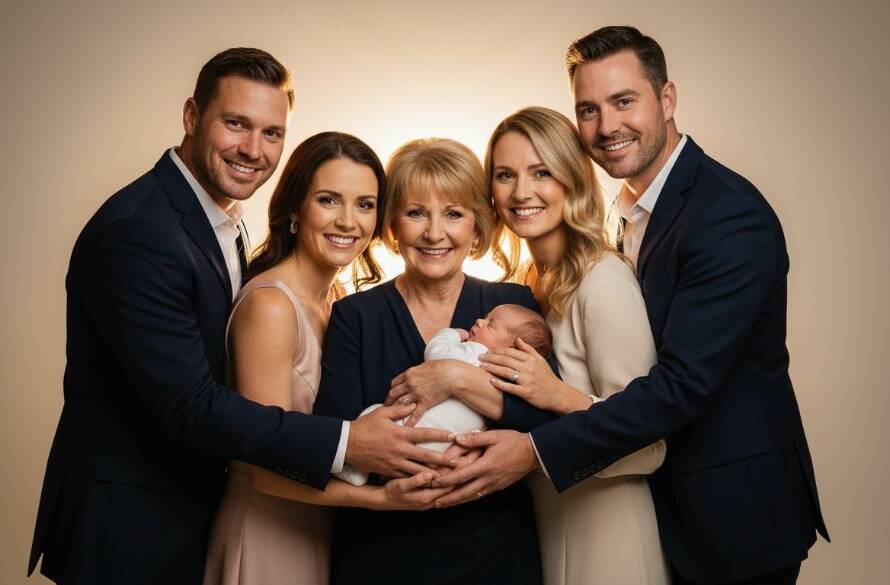 An emotionally resonant, cinematic photograph capturing a multi-generational family in Box Hill North professional studio portraits for families, embracing with soft, dramatic backlighting illuminating their joyful expressions and connection, creating a timeless memory.