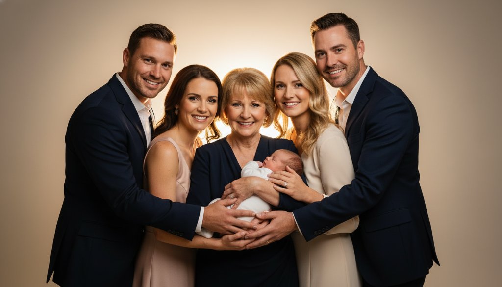 An emotionally resonant, cinematic photograph capturing a multi-generational family in Box Hill North professional studio portraits for families, embracing with soft, dramatic backlighting illuminating their joyful expressions and connection, creating a timeless memory.