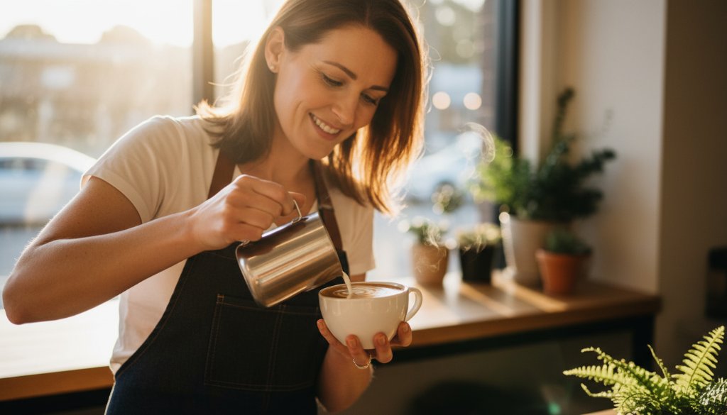 Epic shot of a local small business owner in Box Hill North Victoria proudly showcasing their artisanal product with professional advertising photography, captured with dramatic studio lighting and a vibrant, authentic atmosphere.