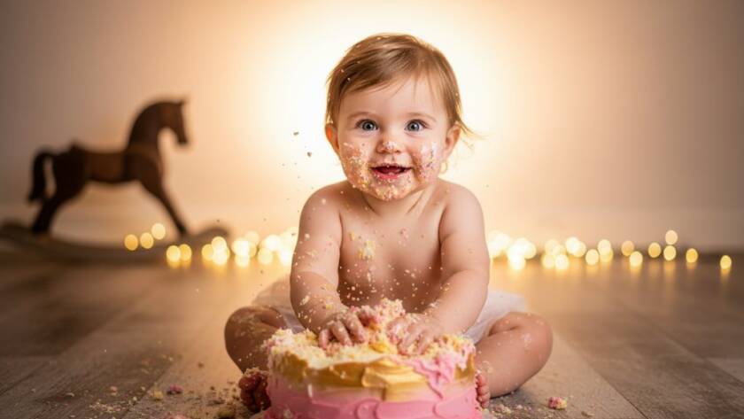 A heartwarming and messy epic moment captured during a Box Hill North Victoria cake smash photo session, showing a baby gleefully smashing a colourful cake, covered in icing, with dramatic studio lighting and a whimsical backdrop, celebrating their first birthday joyfully.