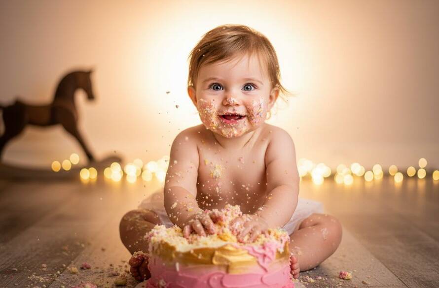A heartwarming and messy epic moment captured during a Box Hill North Victoria cake smash photo session, showing a baby gleefully smashing a colourful cake, covered in icing, with dramatic studio lighting and a whimsical backdrop, celebrating their first birthday joyfully.