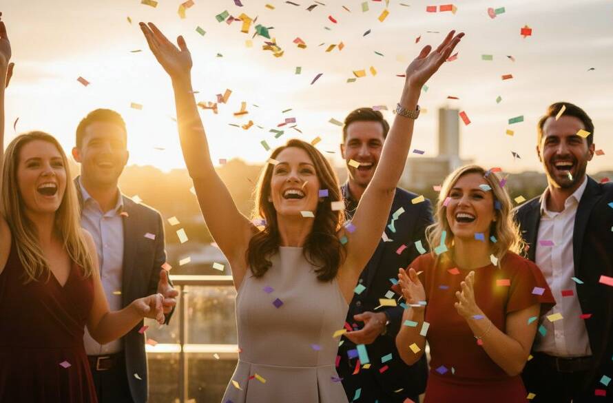 Box Hill party photographer captures genuine joy: guests cheering, confetti falling, dramatic warm light, celebrating in Box Hill. An epic moment.