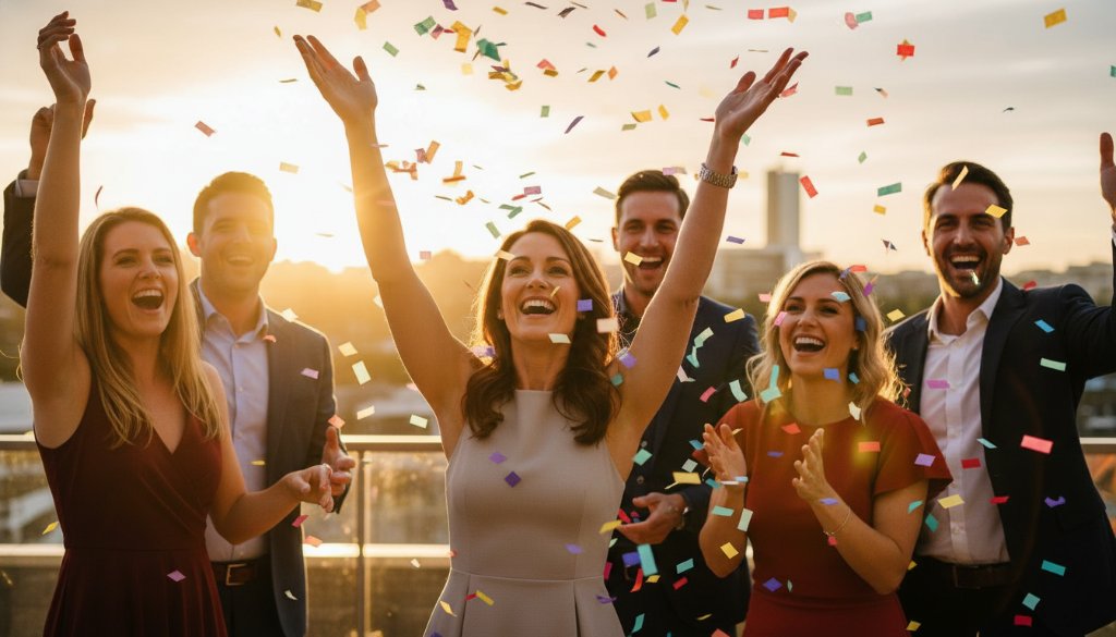 Box Hill party photographer captures genuine joy: guests cheering, confetti falling, dramatic warm light, celebrating in Box Hill. An epic moment.